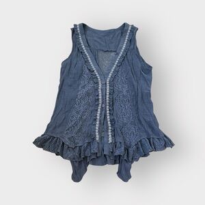 Navy Blue Lace Ruffle Sheer Vest -  Waterfall Hem, Boho Chic